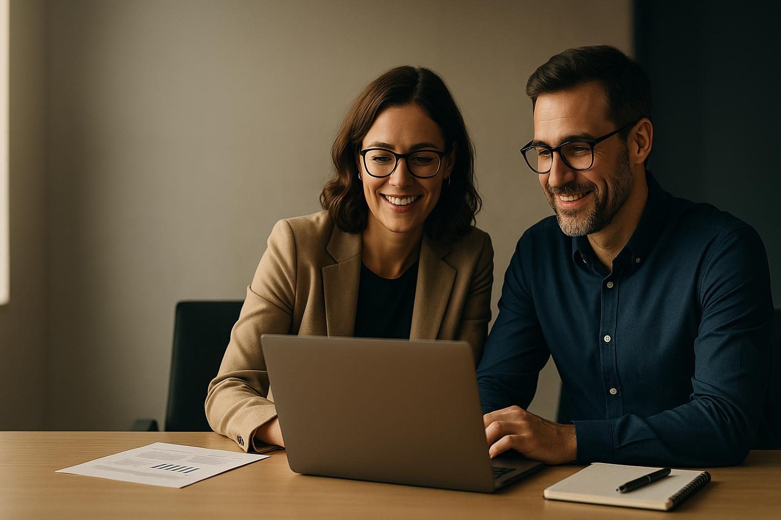 Two colleagues reviewing their cybersecurity readiness brief together at a laptop